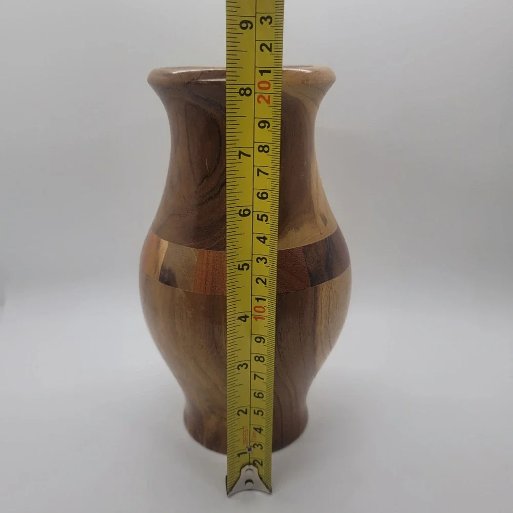Handmade Segmented Wood Vase Artisan Turned Decorative Inlay Brown 8 inch